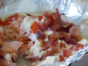 Grilled Salmon bacon feta and tomato 