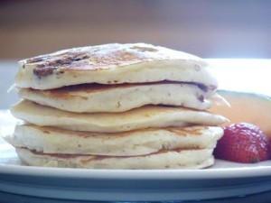 Stack of pecan sour cream buttermilk pancakes
